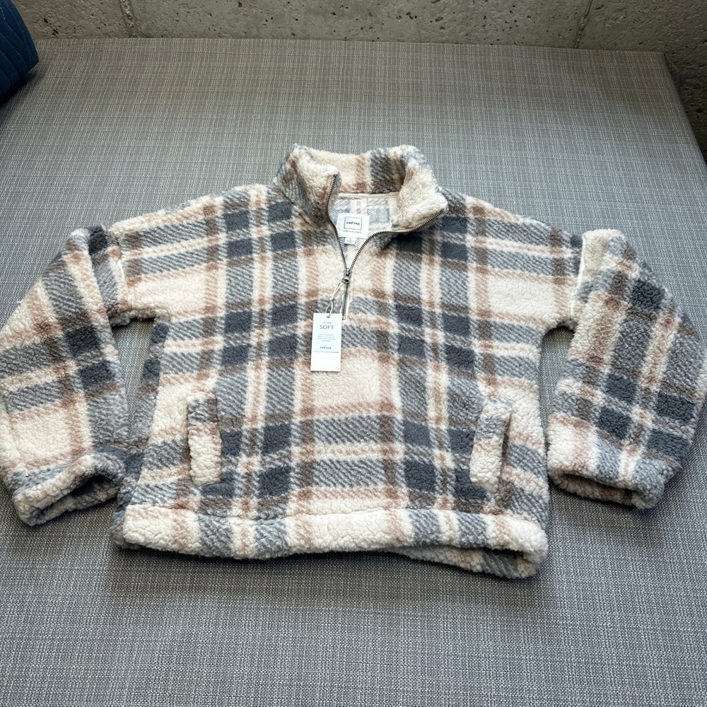 New Cozy Sherpa Plaid Pullover Small Reflex‎ Fleece Jacket Cabincore Soft Warm
